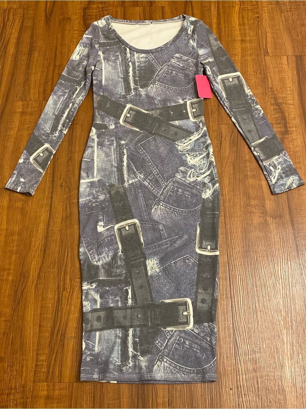 New Ladies Long Sleeve Faux Denim  Belt-Print Bodycon Dress